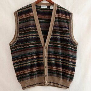 Italian Wool Blend Button Front Sweater Vest Large Multi Geo Pattern Fair Isle